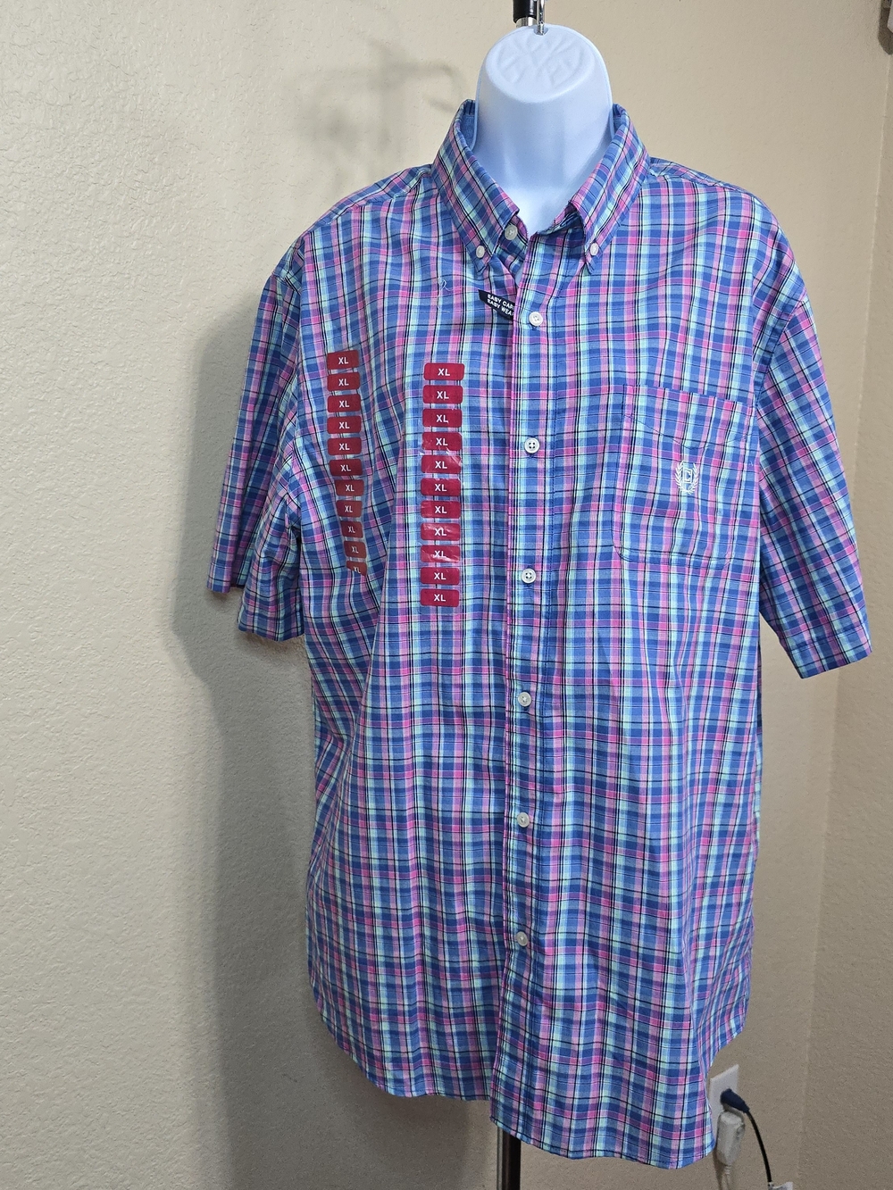 Chaps Short-Sleeve Plaid Button-Down Shirt in Blue & Pink